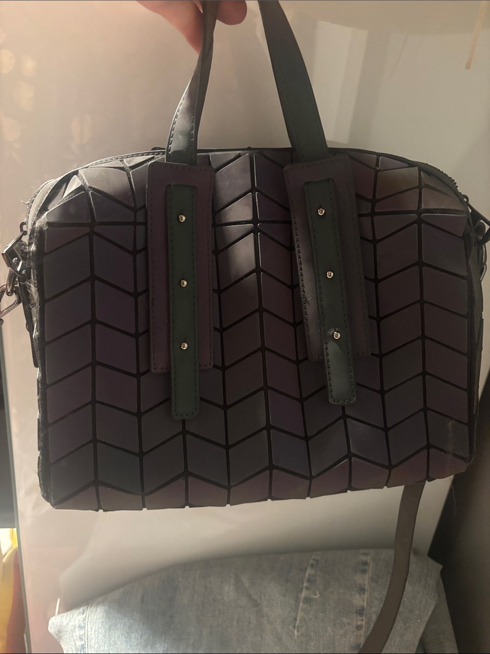 Structured Purple Satchel with Top Handles and Detachable Strap